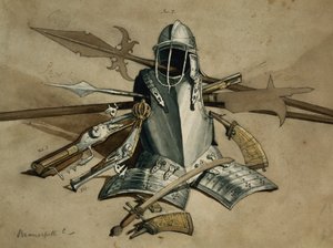 Studium zbroi i broni w zamku Brancepeth, Durham (toaleta i ołówek na papierze)